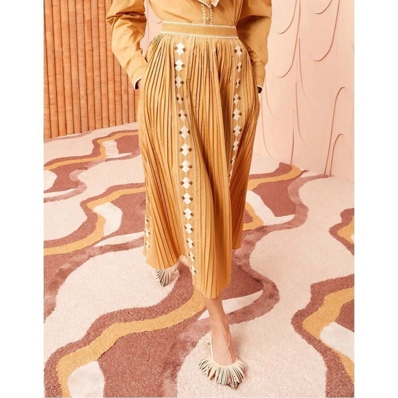 Ulla Johnson Midi Pleated Brown Sabina Embroidered Skirt - Picture 3 of 7